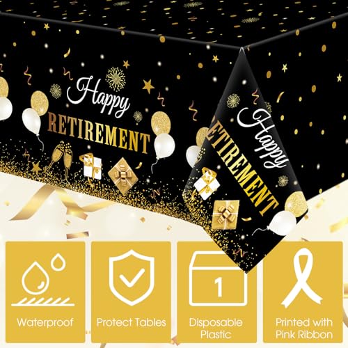 Ganeen Disposable Black Gold Retirement Tablecloths - 3 Pack, 54x108 Inch