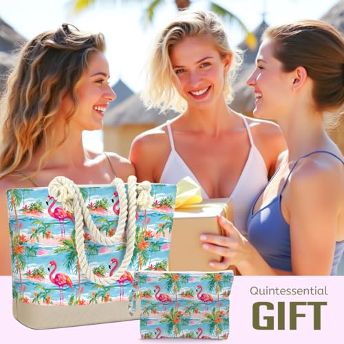 BELLOWDEER Flamingo Palm Tree Beach Bag for Women, Wet Cosmetic Travel Pouch Summer Gifts