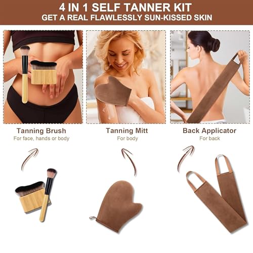 4-in-1 Velvet Self Tanning Mitt Set with Back Applicator & Brushes