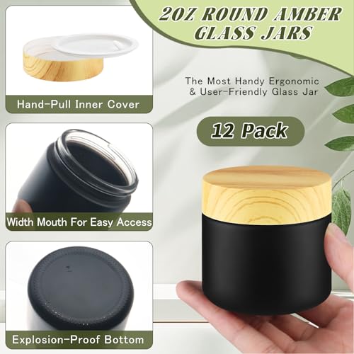 DMuuuDM Black Frosted Glass Cosmetic Jars 12 Pack, 2 Oz Refillable Containers for Creams & Ointments
