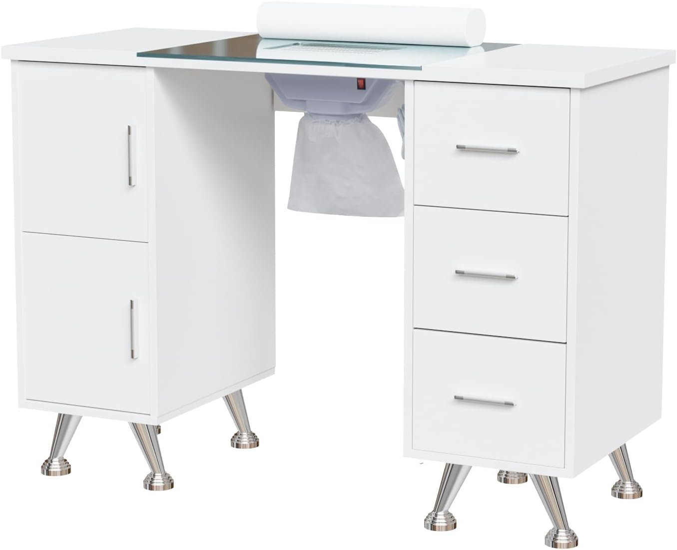 OmySalon Manicure Table - Glass Top Nail Desk with Wrist Rest & Storage | Acetone Resistant, White