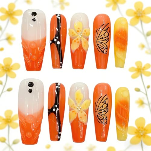 Hand-Painted Orange Press-On Nails with 3D Flowers & Butterflies - Size S