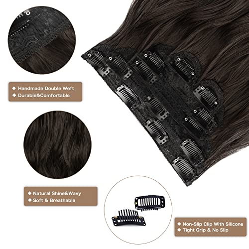 WECAN 20 Inch Clip-In Hair Extensions - Long Wavy Synthetic Brown Black