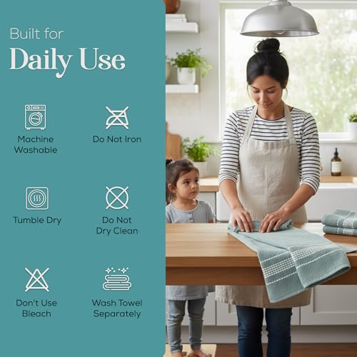 MosJos Cotton Kitchen Towels - Blue & White Stitched Design, 4-Pack, Super Absorbent 18x28