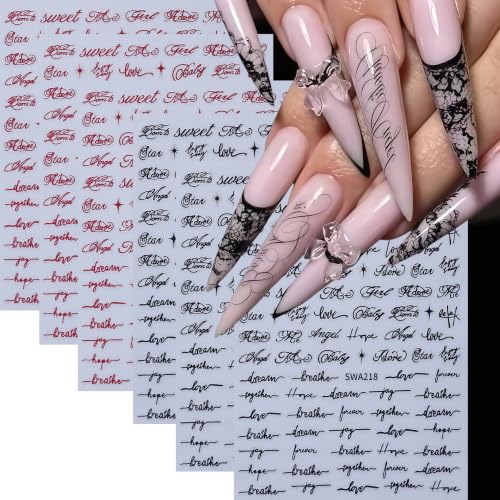 6 Sheets Cursive Letter Nail Stickers - 3D Self-Adhesive Nail Decals