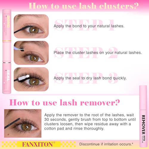 FANXITON Lash Bond and Seal Kit (Black+Clear) with Remover for Cluster Lashes