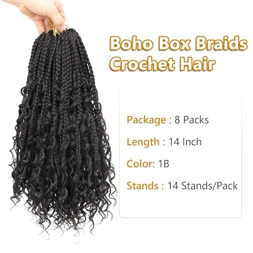 FIRSTCYH HAIR 14 Inch Goddess Box Braids Crochet Hair 1B Boho Style – 8 Packs
