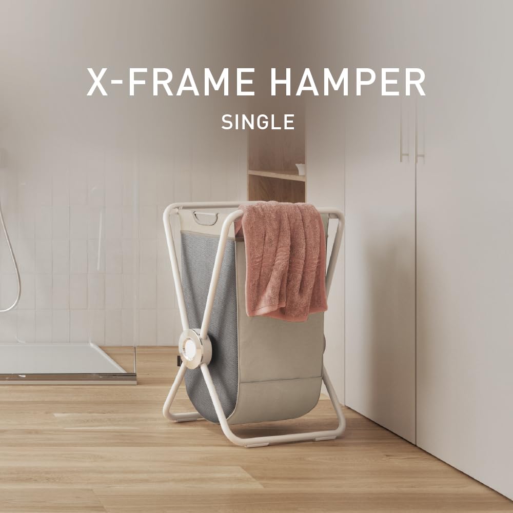 simplehuman X-Frame Hamper, Single Compartment Laundry Hamper for Bedroom Bathroom, Heavy-Gauge Steel Frame, Stain & Odor Resistant Machine Washable Bag, Easy Carry Steel Handles, White