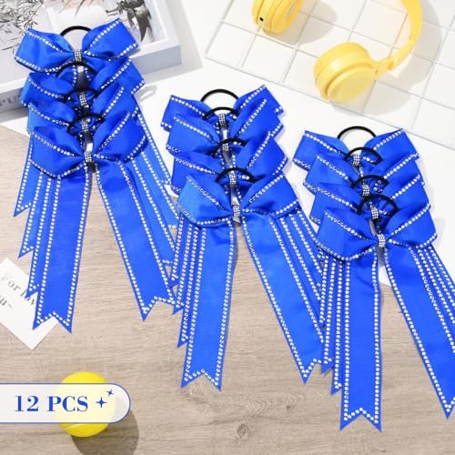 Royal Blue Cheer Bows 12 pcs Collegiate Style Rhinestone Ponytail Holders Girls Teens
