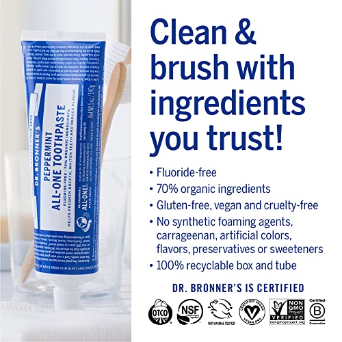 Dr. Bronner's Fluoride-Free Toothpaste, Peppermint & Spearmint, 5 oz (2-Pack) - Organic & Vegan