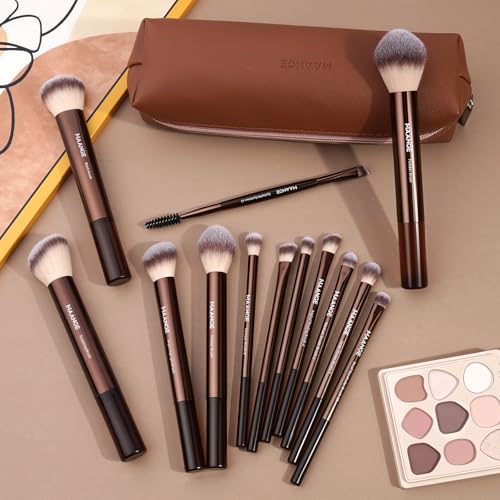 MAANGE 13 PCS Makeup Brush Set - Coffee, Synthetic Bristles with Case