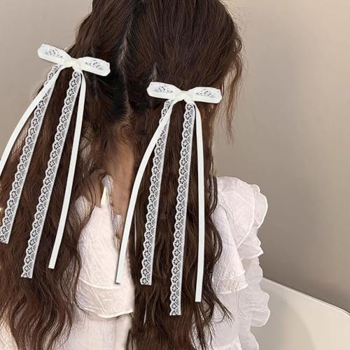 2 Pcs White Lace Hair Bow Clips with Long Tail - Elegant Ribbon Bows