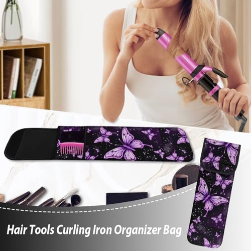 Flashideas Purple Butterfly Heat-Resistant Neoprene Curling Iron Case - Flat Iron/Brush Holder with Pocket