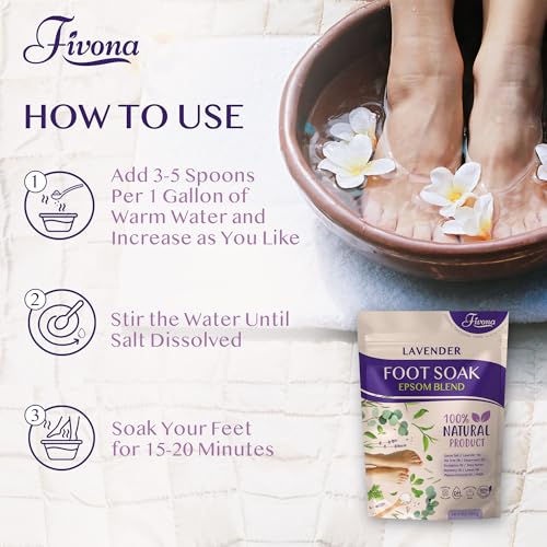 Fivona Lavender Foot Soak Blend 14.1oz - Calming Epsom Salt for Relaxing Pedicure & Callus Softening