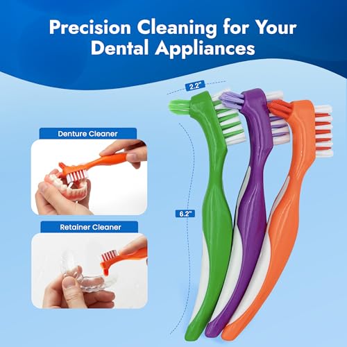 TCS Soft Bristle Denture & Retainer Cleaning Brush Set - 3 Pack, Green, Purple, Orange
