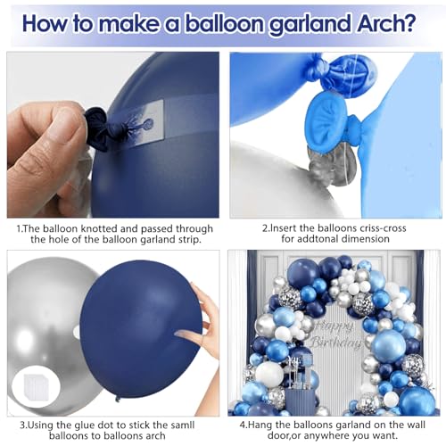 Navy Blue White Silver Balloon Arch Kit for Parties & Events