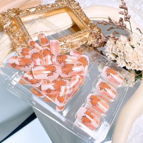 Fall Maple Leaf Press On Nails - Short Square 24-Pc Set with Nail Glue & File
