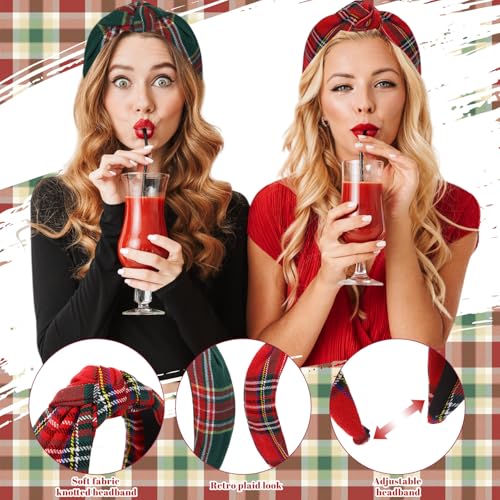Yilloog 2 Pack Christmas Buffalo Headbands Women Knotted Twist Hair Accessories Red Green Checkered