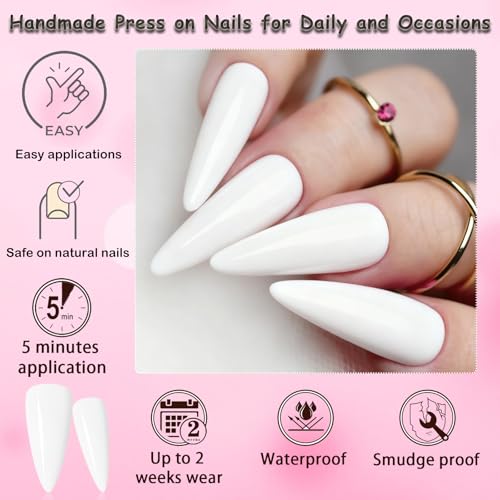 LoveOurHome 120pc White Stiletto Press On Nails Long Fake Nails with Glue & Tools