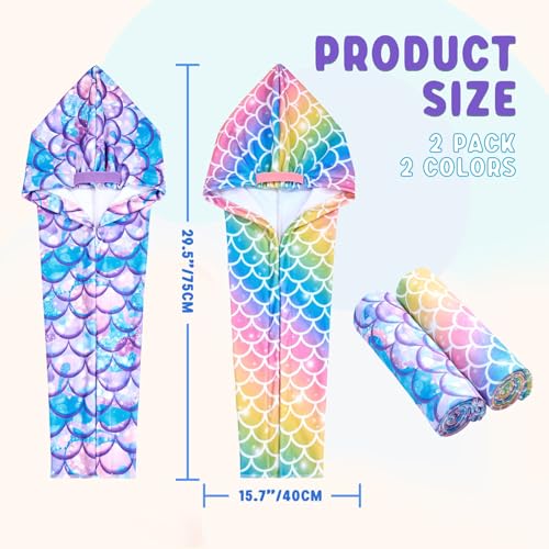 Kids Microfiber Hair Towel Wrap - Rainbow & Purple Mermaid Design, 2 Pack