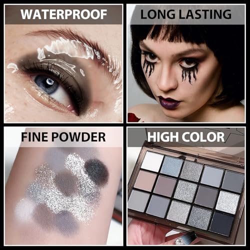 Black Smokey Grey 15-Color Eye Shadow Palette – Matte & Shimmer, Long-Lasting Pigment (Variation: black, grey) by PPPanYiDi