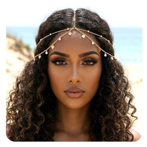 Gold Head Chain with Rhinestones & Sequin for Women Girls Egyptian Hair Accessories Festival Prom Wedding Bridal