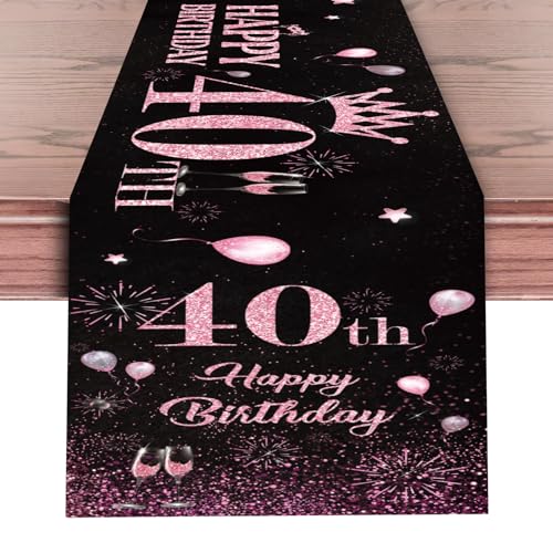 Happy 40th Birthday Table Runner - Black & Pink, 72 inches