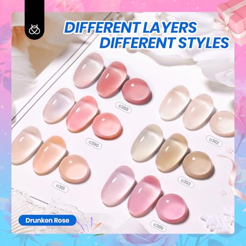 Beetles Nude Gel Nail Polish Set - 6 Colors Nude Pink Brown Neutral Jelly Gel Polish Kit Sheer Translucent Effect Soak Off UV Nail Art Design Drunken Rose Collection Manicure Gift for Women