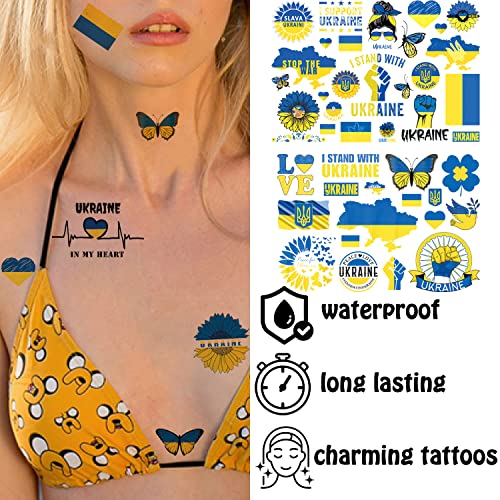 WANSENCE Ukraine Temporary Tattoos - 8 Sheets, Blue & Yellow Patriotic Design