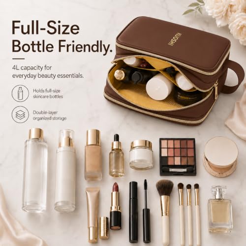 KUOSHI Brown Travel Makeup Bag - Large Waterproof Cosmetic Organizer with Dividers
