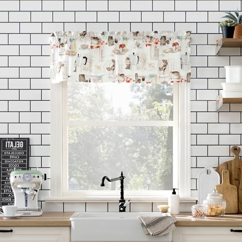 No. 918 Brew Coffee Shop Semi-Sheer Kitchen Curtain Set, 54" x 36" - White