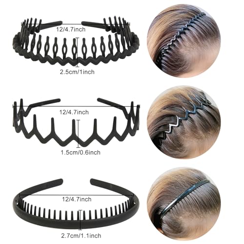 10 Pack Black & Brown Plastic Hair Bands with Teeth - Non Slip Zig Zag & Thin Styles for Women & Teens