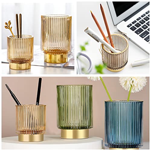 DASITON Crystal Makeup Brush Holder Organizer - Vintage Coffee Stripe, Glass Storage Cup