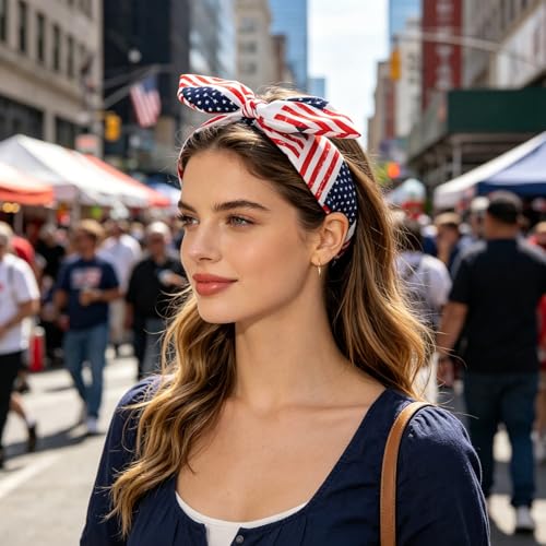 YUEELI 4 Pack Patriotic Headbands for Women & Girls - Red White Blue Flag Hair Accessories for Independence Day & Memorial Day
