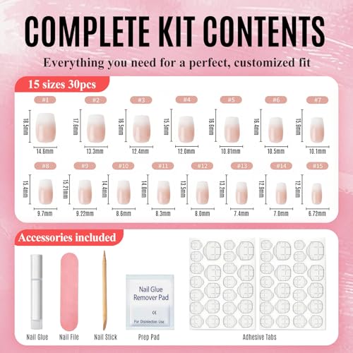 Bioday Short Square Press On Nails Nude Pink 30 Pcs Reusable Gel Tips with Glue & Tabs
