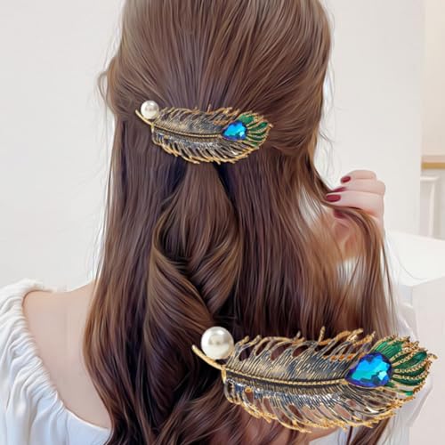 Feather & Leaf Metal Hair Clips 2-Pack Rhinestone Barrettes 70mm Medium