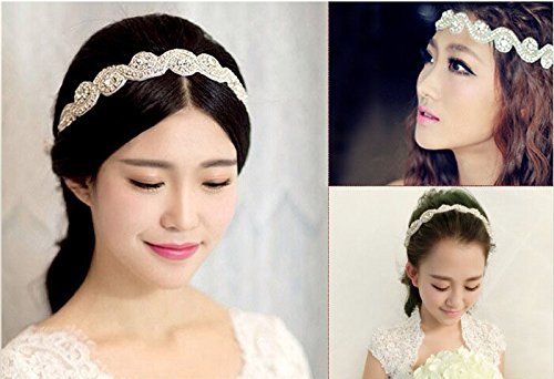 Elegant Handmade Rhinestone Headband with Lace Ribbon - White
