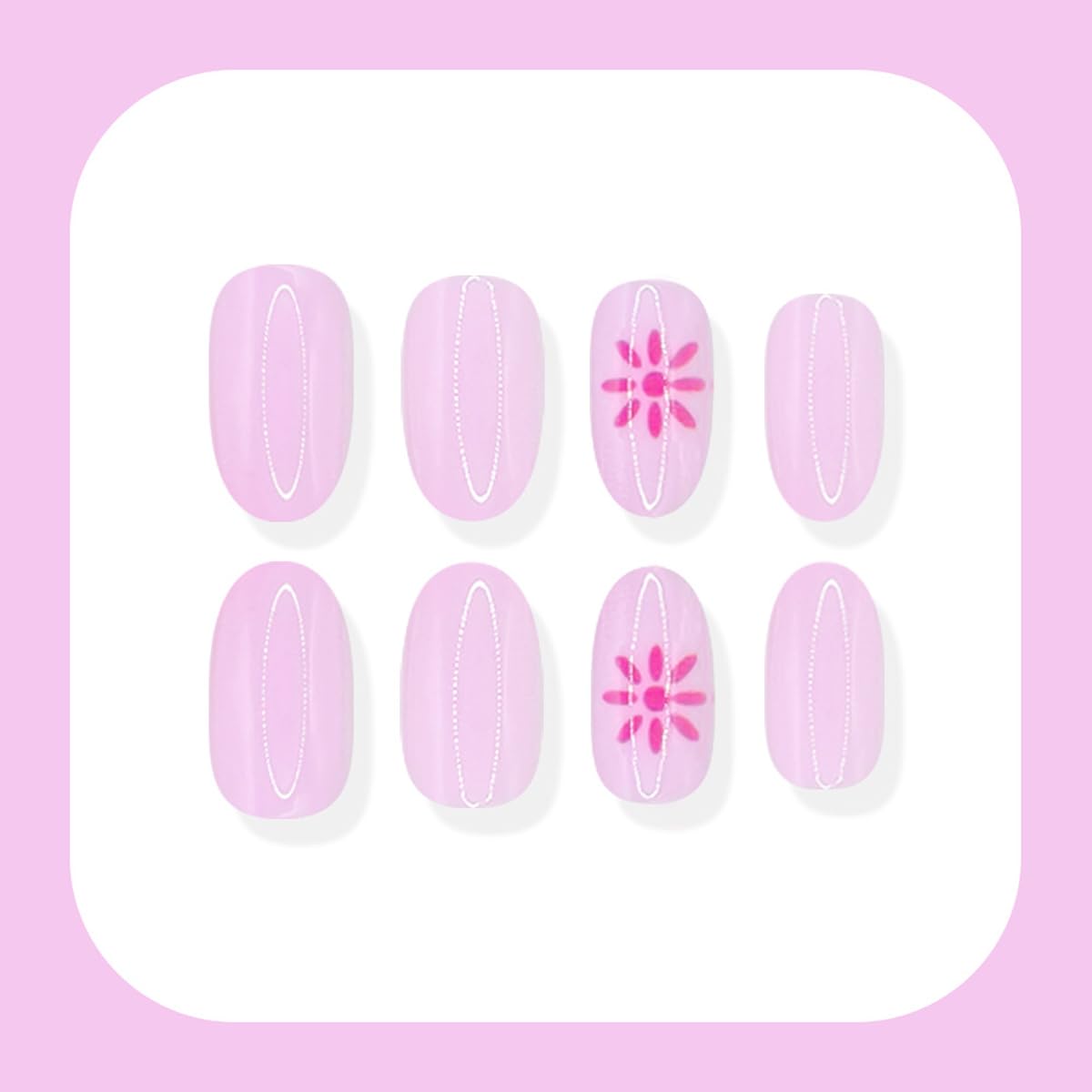 Press On Nails - Medium Oval Pink Fake Nails with Summer Designs | 24 Pcs Reusable Glossy Full Cover