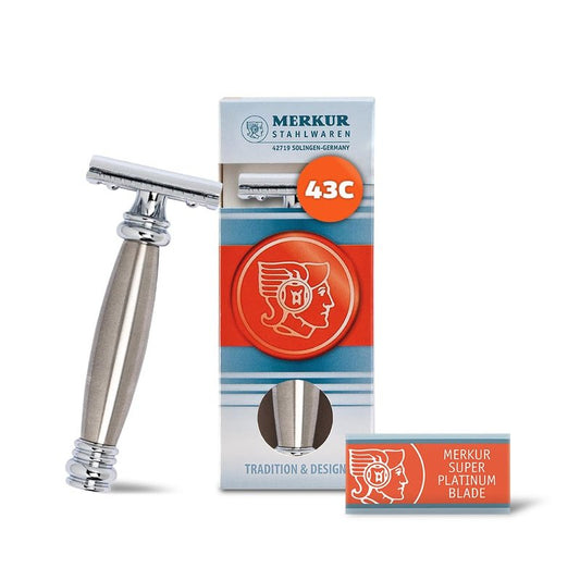 MERKUR 43C Double Edge Safety Razor, Heavy Stainless Steel Handle, Two-Piece Design, Closed Comb Straight Bar, Bright Chrome Finish, Made in Germany