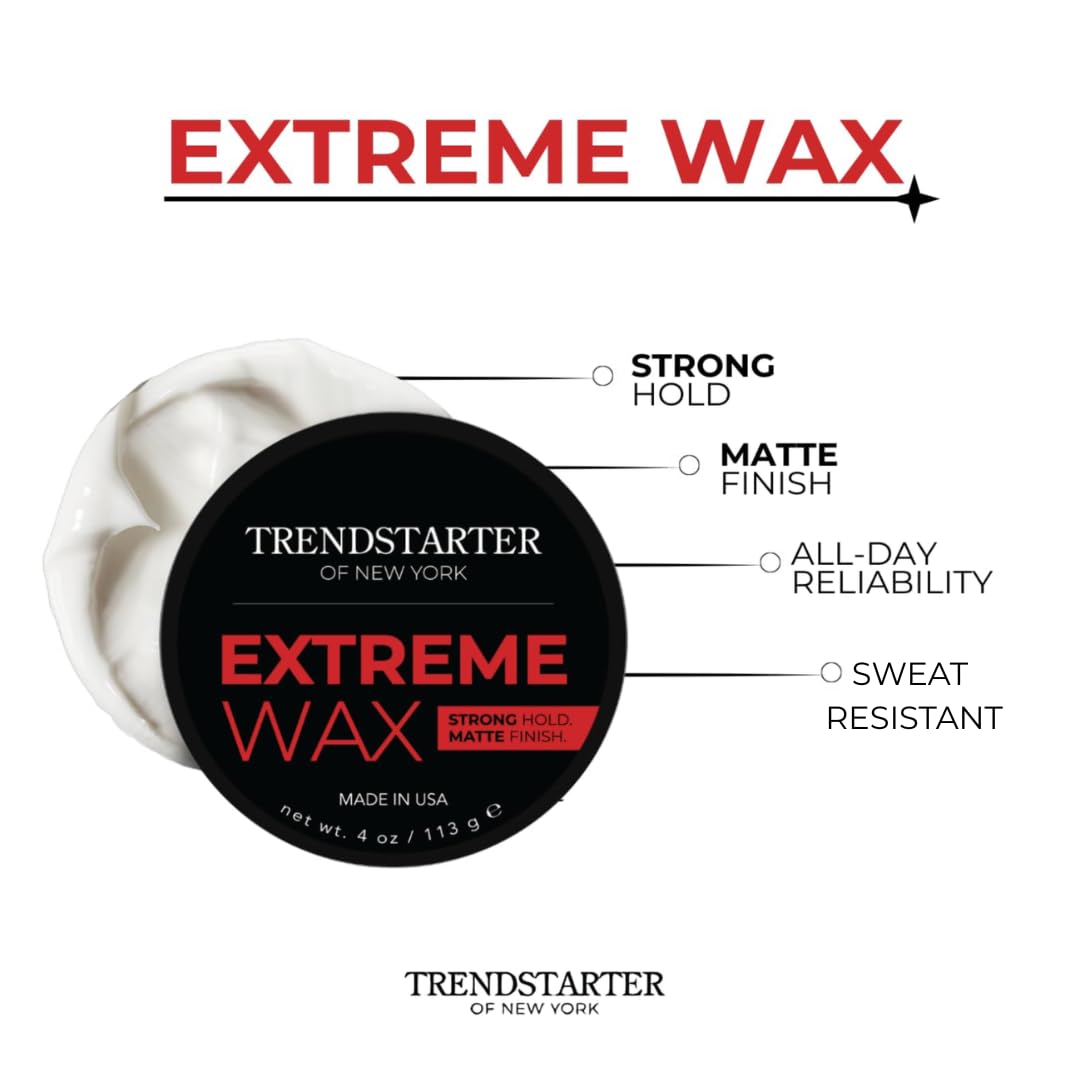 TRENDSTARTER Hair Wax - Extreme, 4oz - Matte Finish - Premium Water Based Flake-Free Hair Styling Pomade for All Hair Types - All-Day Strong Hold