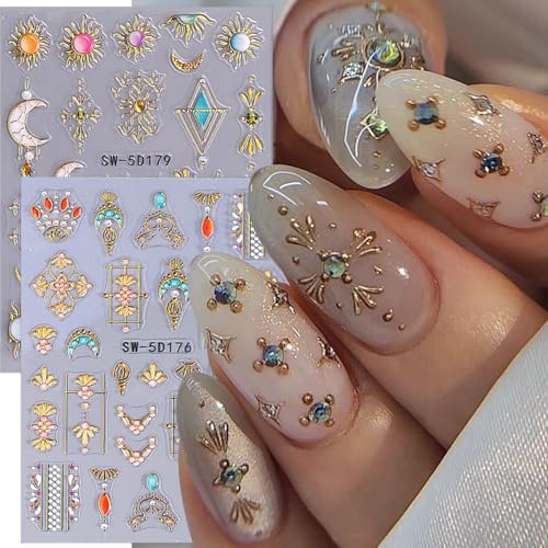 5D Gold Nail Stickers Sun Moon Flower Embossed Decals for Nail Art