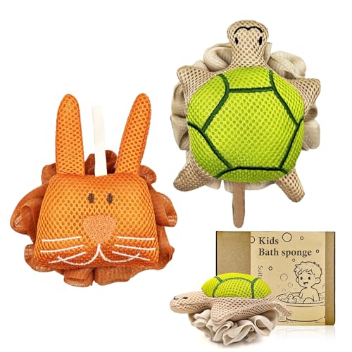 Dewlavelle Kids Bath Sponge - Soft Mesh Shower Pouf with Cute Turtle & Bunny - Gentle Kid-Friendly Bath Accessories
