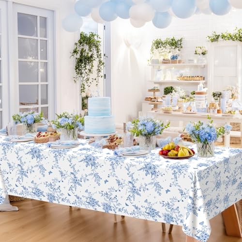 Blue Floral Tablecloths - 4 Pack, Disposable & Waterproof - 108x54 in