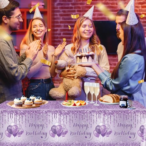3 Pack Purple Birthday Tablecloths - 108 x 54 Inch Disposable Decor