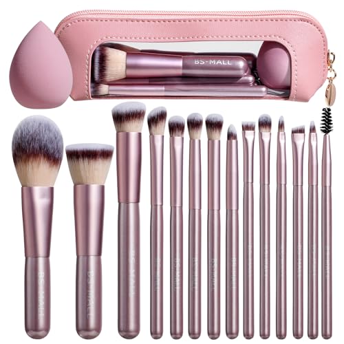 BS-MALL Matte Gold Pink 14-Piece Makeup Brush Set with Travel Case