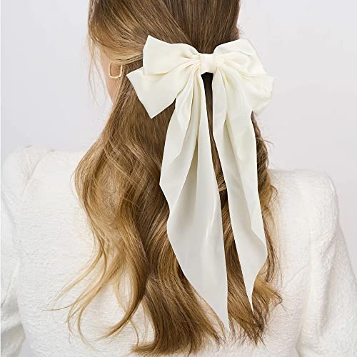 Atoden Large Silky Satin Hair Bows - Black & Beige 2Pcs Set
