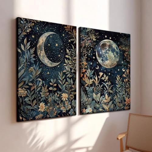 Botanical Canvas Wall Art Set - Celestial Moon & Floral Prints 16x24