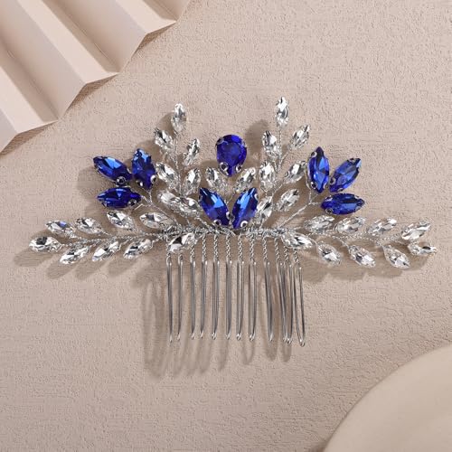Handmade Silver & Blue Rhinestones Hair Comb for Weddings