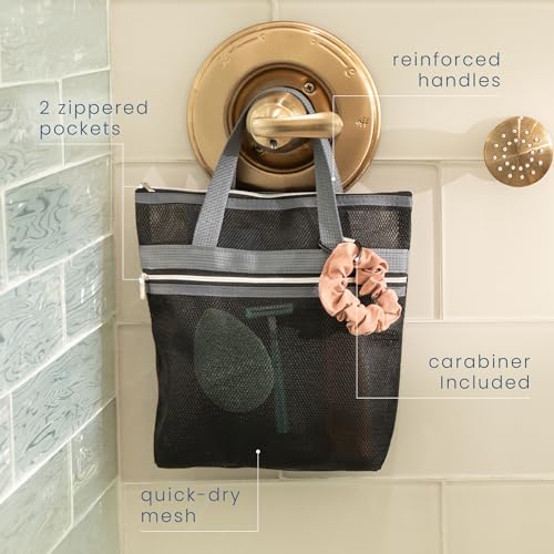 Mesh Shower Caddy - 10x10 Inch Black and Grey Bathroom Organizer, Portable & Quick Drying