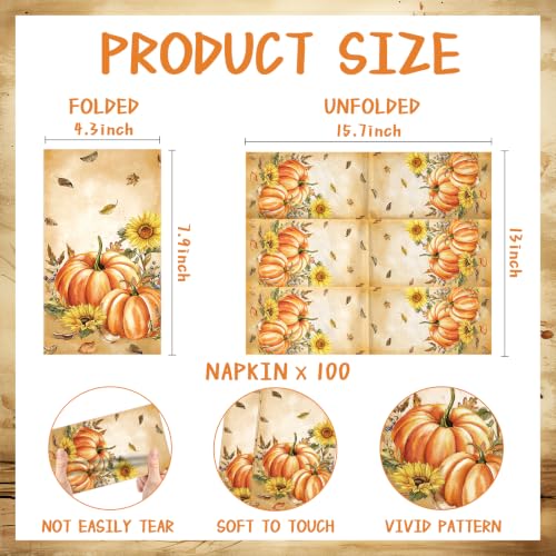 100-Count Fall Napkins - Retro Pumpkin & Maple Design - 4.3x7.9 Inch